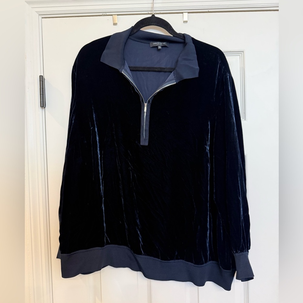 Lafayette 148 Long Sleeve Quarter Zip Collared Velvet Shirt Navy Blue Silk 2x